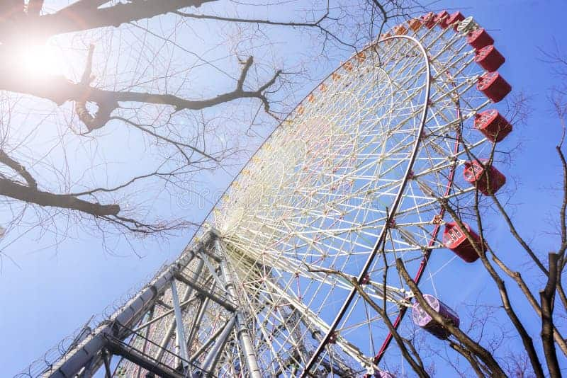 lookup view tempozan giant ferris wheel winter trees branch bright blue sky sun lens flare background harbor 215040472 1